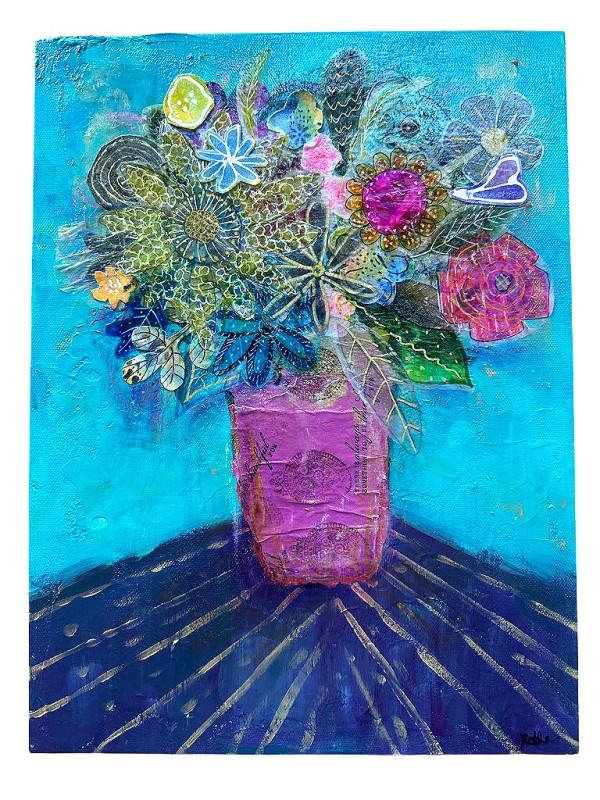 Custom Artwork: Flowers in a Vase, Mixed Media Collage by Rekha