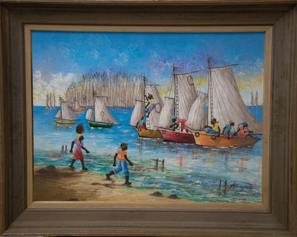 Port Scene with Figures and Sailboats by Jonas Felassaint