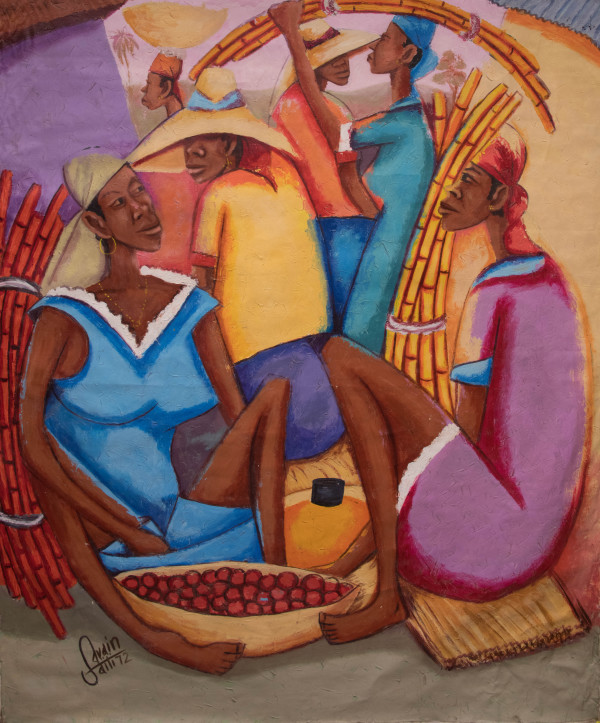 Ladies in Pink and Blue Dresses at the Market by Petion Savain