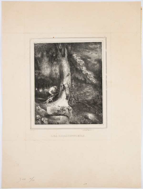 Scene de chasse, avec un braconnier avec son chien derriere un grose arbre en foret de fontainbleau by Paul Huet