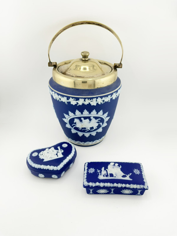 Antique WEDGWOOD Jasperware Blue and White 3 pc Set (Biscuit Jar, Match Box, Heart Box)