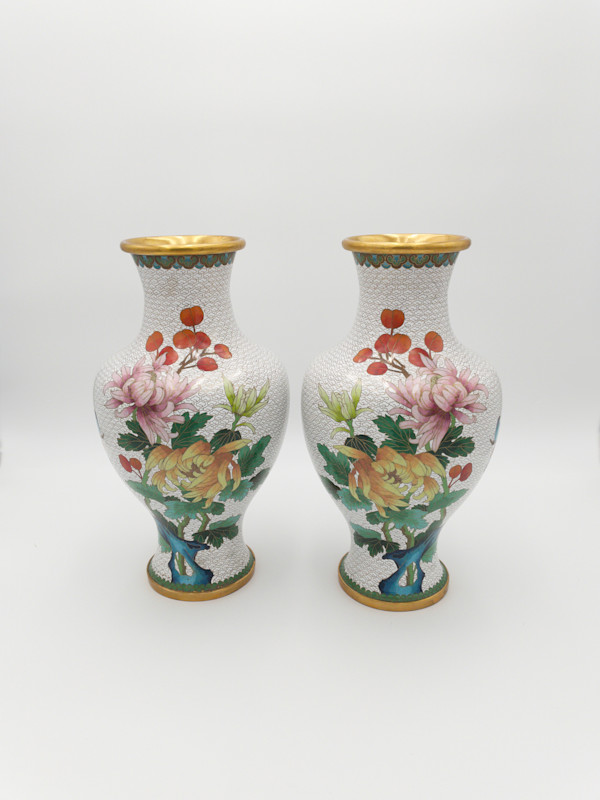 Vintage Chinese Cloisonne Floral Garden Enameled Brass Vase (2PC)