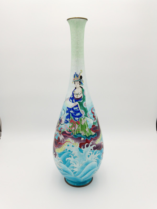 Signed Japanese Lustra Opal Enamel w/ Silver Threads Cloisonne Vase