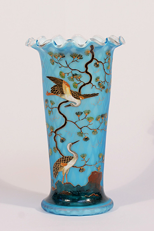Blue Mother of Pearl Satin Glass w/ Hand Painted Enamel Design
