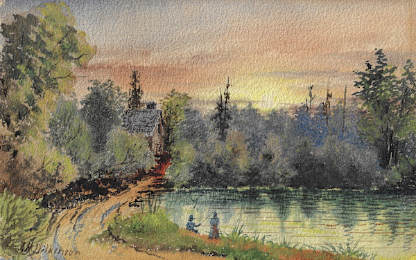 Untitled ( Landscape, Fishing by the Pond ) by Thomas Harrison Wilkinson