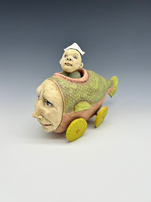 pink and chartreuse fish car with sailor by Jeanine Pennell