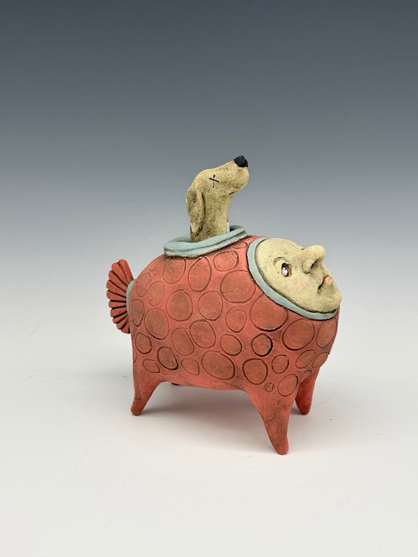Out for a stroll (pink with cross-eyed dog) by Jeanine Pennell