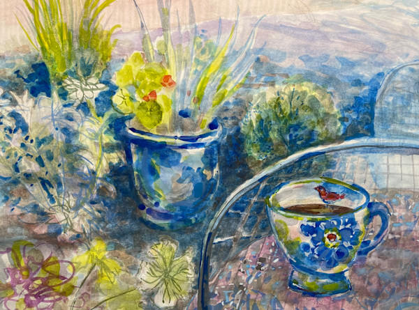 Morning Coffee in Garden 1, with table and blue pot by Denita Benyshek