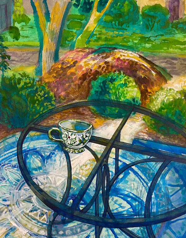 Morning coffee in Garden 2, with table and rug by Denita Benyshek
