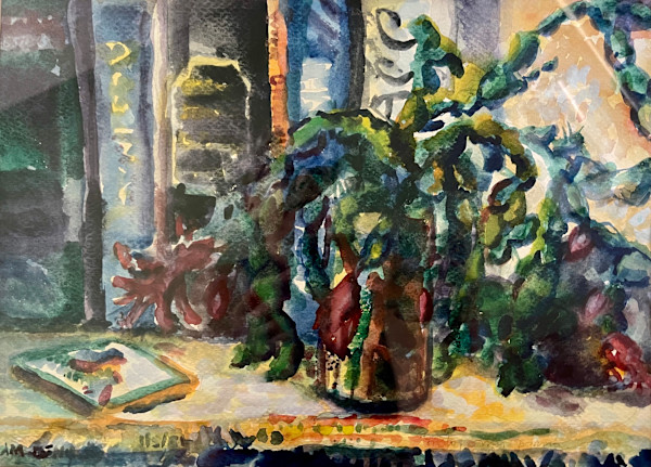 Still life with Christmas Cactus and Art Books (on top of piano). by Denita Benyshek