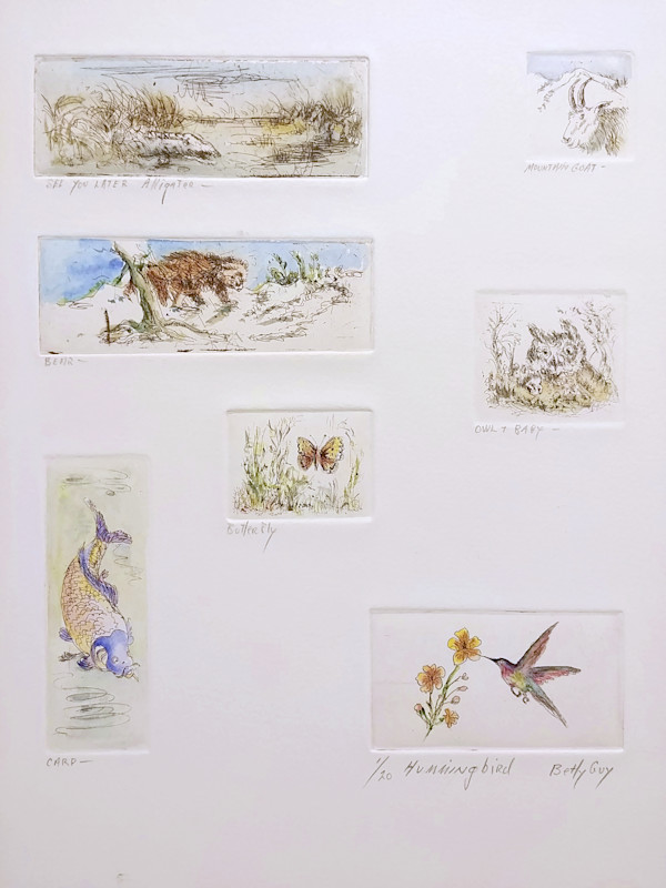 See You Later Alligator, Mountain Goat, Bear, Owl + Baby, Butterfly, Carp, Hummingbird by Betty Guy