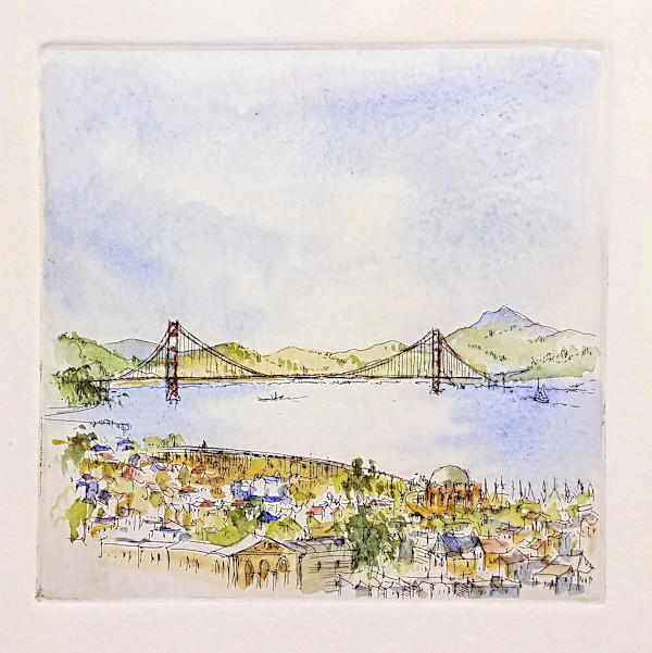 Untitled (from a series of etchings of the Golden Gate Bridge) by Betty Guy