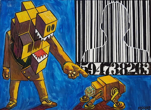 HOMME CODE BARRES ET CREATURE DE L'ACCELERATION by Galerie Marc FERRERO