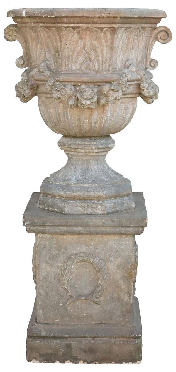 ENGLISH CARVED STONE GARDEN URN ON CAST PLINTH, Image 3.