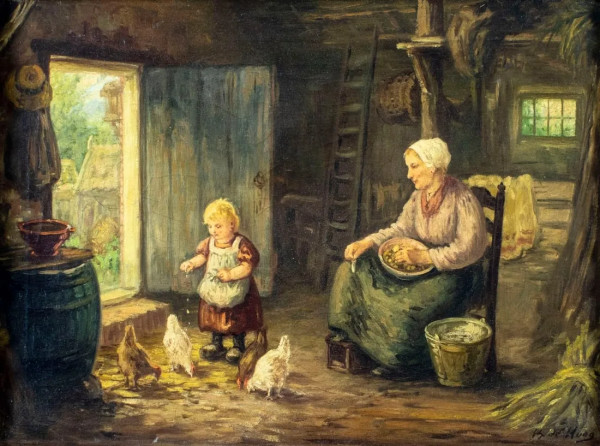 “Mother and Child Feeding Chickens” by Bernard Johan De Hoog