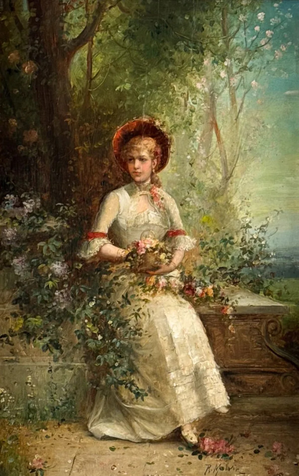 “The First Rose” a Lady in the Garden by German School, R Malvin