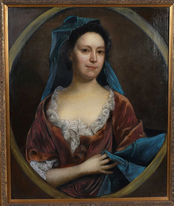 "Lady In Russet Velvet Gown with Blue Silk Wrap" by Follower of Michael Dahl