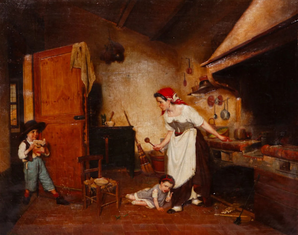 “The Mask”  an “Italian kitchen Scene, mother with kids” by Eugenio Zampighi (Italian, 1859 - 1944)
