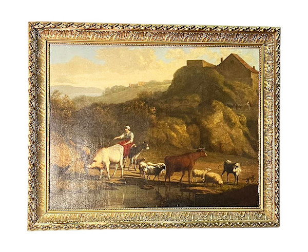 17th CENTURY DUTCH ITALIANATE  LANDSCAPE WITH DROVERS” by NICOLAS BERCHEM