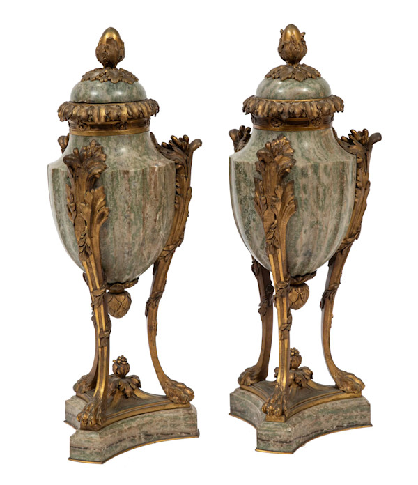 Pair of Napoleon III Bronze Mounted Marble Cassolettes c. 1870-1885 by Susse Freres Foundry