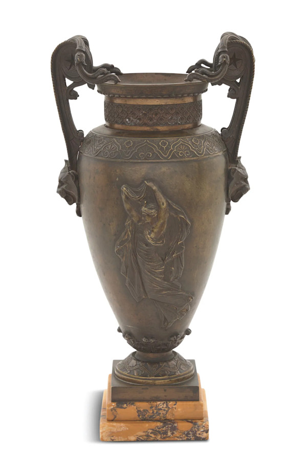 19th Century French Bronze Patine and Marble Neo-Grec Urn by Alfred Daubree (French, 1817-1885)