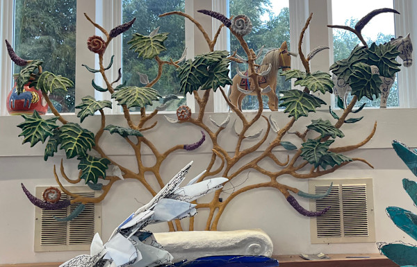 Symphony of Singing Fishes (formerly Still Life / Fish with flowers wall mount) by Joan Danziger