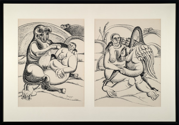 Europa and Leda (two drawings framed together) by Joan Danziger