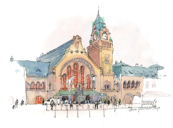 Gare de Metz-Ville (Train station in Metz, France), 30x40 cm, watercolour and ink on paper by Alena Gastaldi, Image 1.