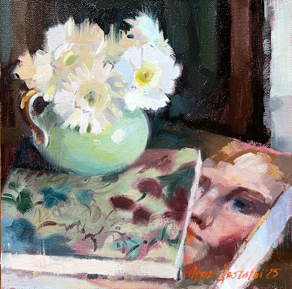 White gerberas in a mint vase by Alena Gastaldi