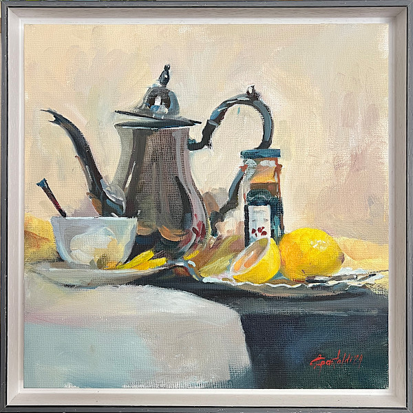 Tea with strawberry jam, oil on panel, 30x30 cm, framed by Alena Gastaldi