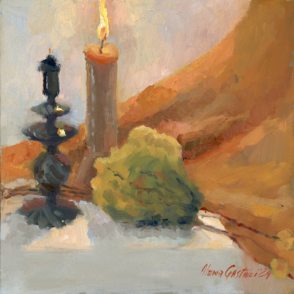 Still life with candles and a pumpkin by Alena Gastaldi