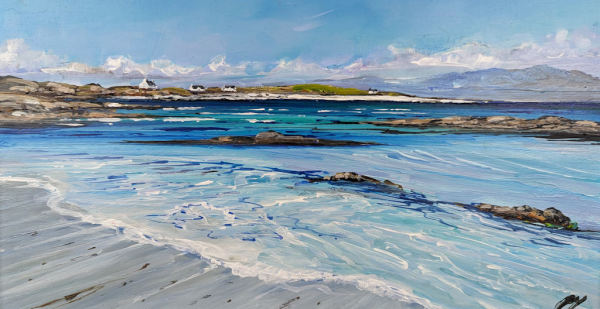 Four White Cottages, View to Mull, Tiree by Allison Young