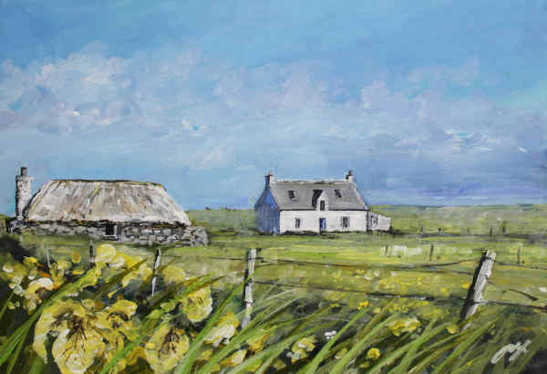Yellow Irises (Thatched Cottage), Tiree by Allison Young