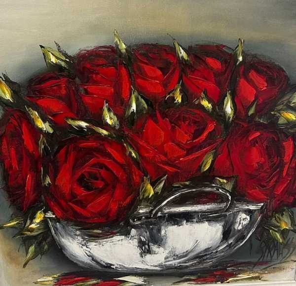 Red Roses in Silver Vase by Steve Strauss