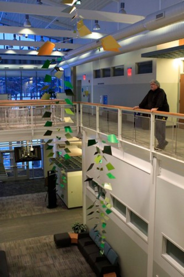 Blue Migration, Leaf Pile, and Rain (Tri-C - Healthcare Technology Building) by Terry Welker