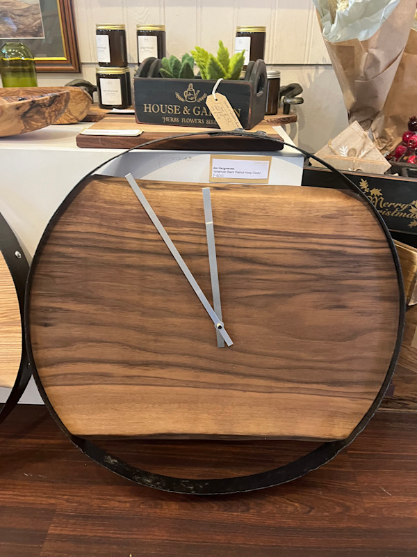 American Black Walnut whiskey Hoop clock by Jim Hargreaves