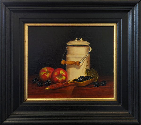 Enamel Churn With Apples and Blackberries by Hilary Gauci