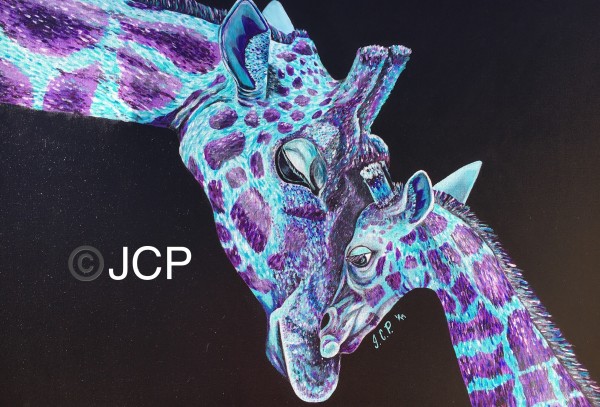 A Mothers Love Transcends All (mom and baby giraffe dressed in purple) by Jennifer C.  Pierstorff