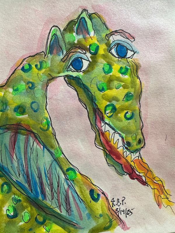 Goofy Green Dragon Spits Fire by Jennifer C.  Pierstorff
