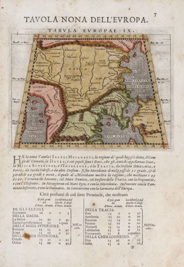 Page from the book "Tabula nona dell'Europa", on the front the map of Dacia, on the back the map of Macedonia, Venice by Giovanni Antonio Magini
