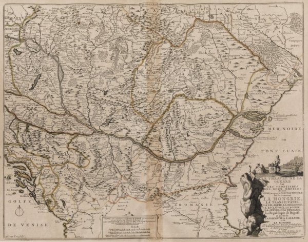 Map war theatre Hungary, Transylvania, Wallachia, Moldova, Slavonia, Bosnia, Serbia, Bulgaria, Republic of Ragusa and Dalmatia, Paris by Nicolas de Fer
