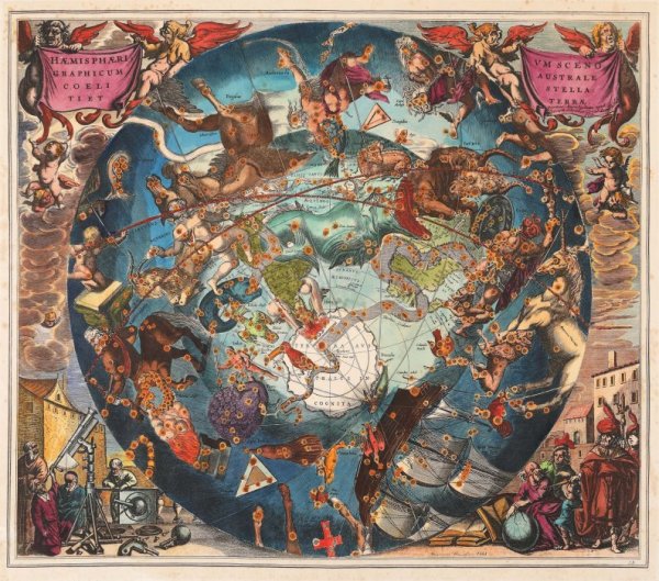 Haemisphaerium Scenographicum Australe Coeli Stellati Et Terrae, Celestial map, Amsterdam by Henricus Hondius