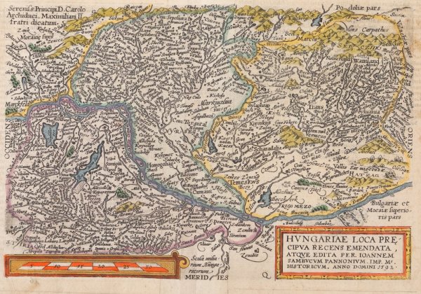 Hungary and Transylvania, map by Johannes Sambucus, printed by Abraham Ortelius, Orbis Terrarum edition, Antwerp by Abraham Ortelius, Johannes Sambucus