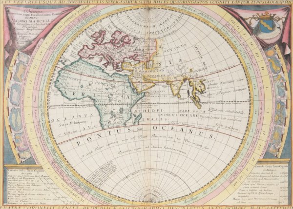 World map 'From ancient times to the 90th year of salvation, Venice by Vincenzo Maria Coronelli