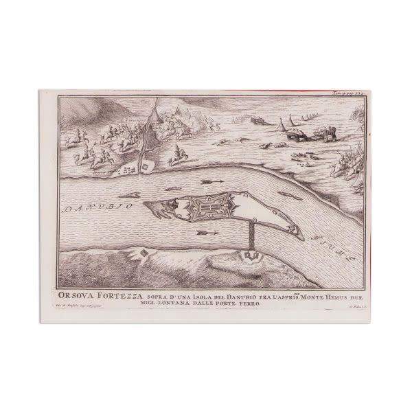 Orshova Citadel above an island on the Danube (Ada Kaleh) by Giuseppe Filosi, Gio. de Honftein