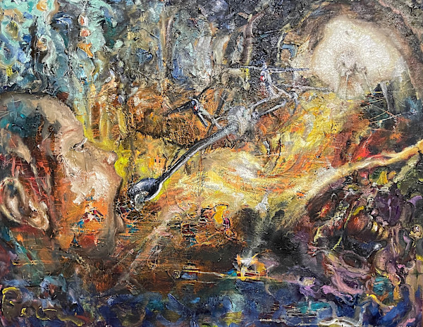 Human baby spoon fed by drone in Plato’s cave by Andrew Brown