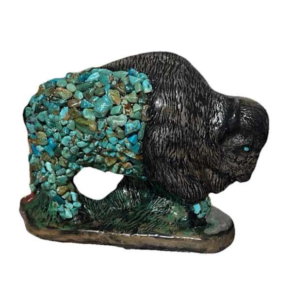 Southwest-Style Ceramic Bison with Turquoise Chip Inlay