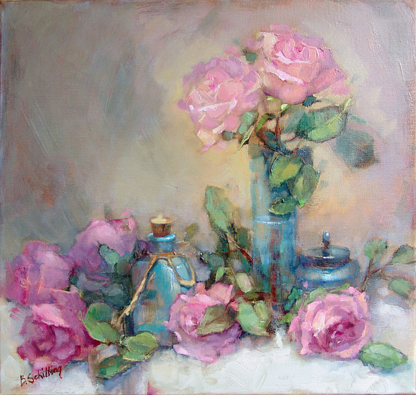 Turquoise Glass and Roses by Barbara Schilling