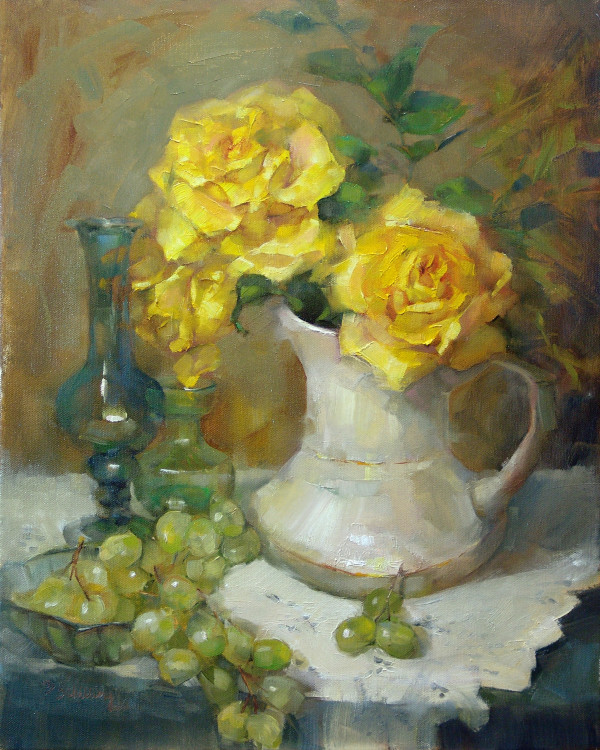 White Pitcher with Yellow Roses by Barbara Schilling