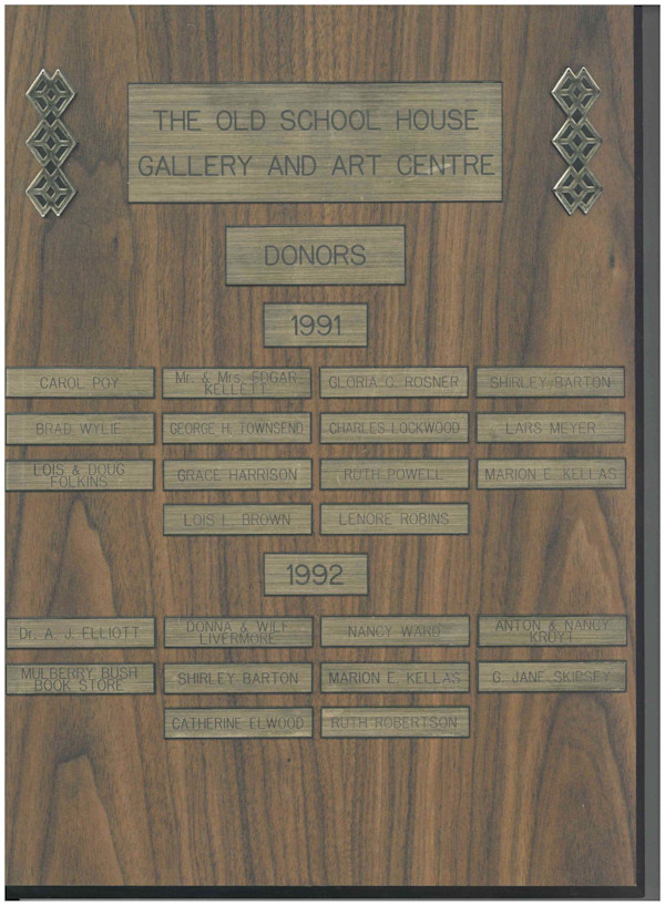 Donor Plaque 1991 by Shirley Barton, Catherine Elwood, Nancy Ward, Marion E. Kellas, Ruth Robertson, Anton Kruyt, Nancy Kruyt, G. Jane Skipsey